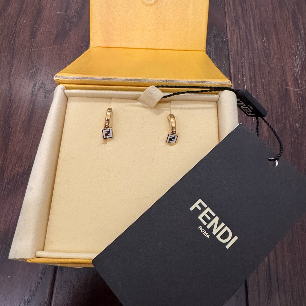 Fendi Gold Earrings with Logo Charm - Picture 3 of 4